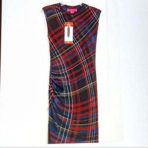 BETSEY JOHNSON XS Plaid Ruched Midi Red Blue Tartan Bodycon Party Dress